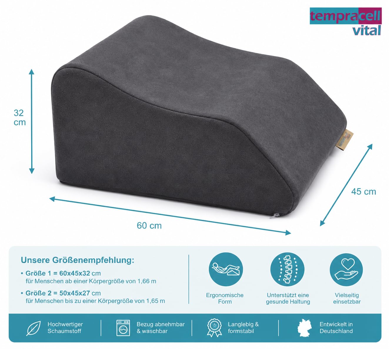 Venenkissen, Venenkeil, Beinhochlagerung – ergonomisch, orthopädisch unterstützende Wellenform, bei schweren Beinen - Beinkissen aus Schaumstoff, Größe: 60 x 45 x 32cm
