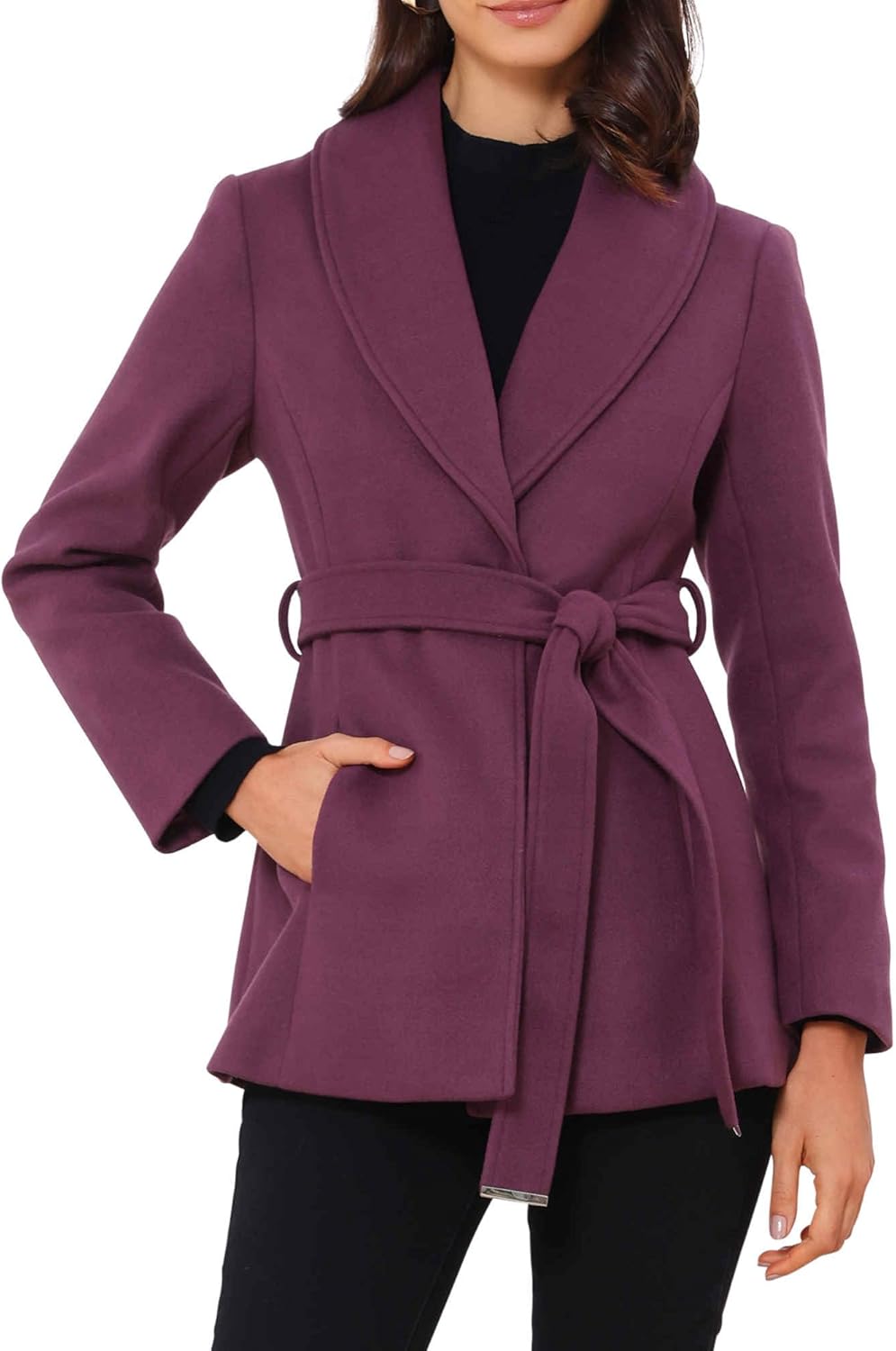 Allegra K Pea Coats for Women Lapel Collar One Button Overcoat with Belt Winter Coat