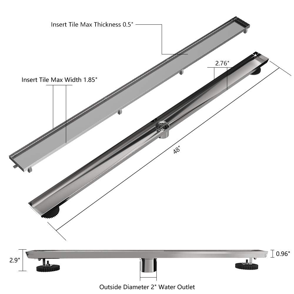 USHOWER 48Inch Tile Insert Grate Linear Shower Drain, 304 Stainless