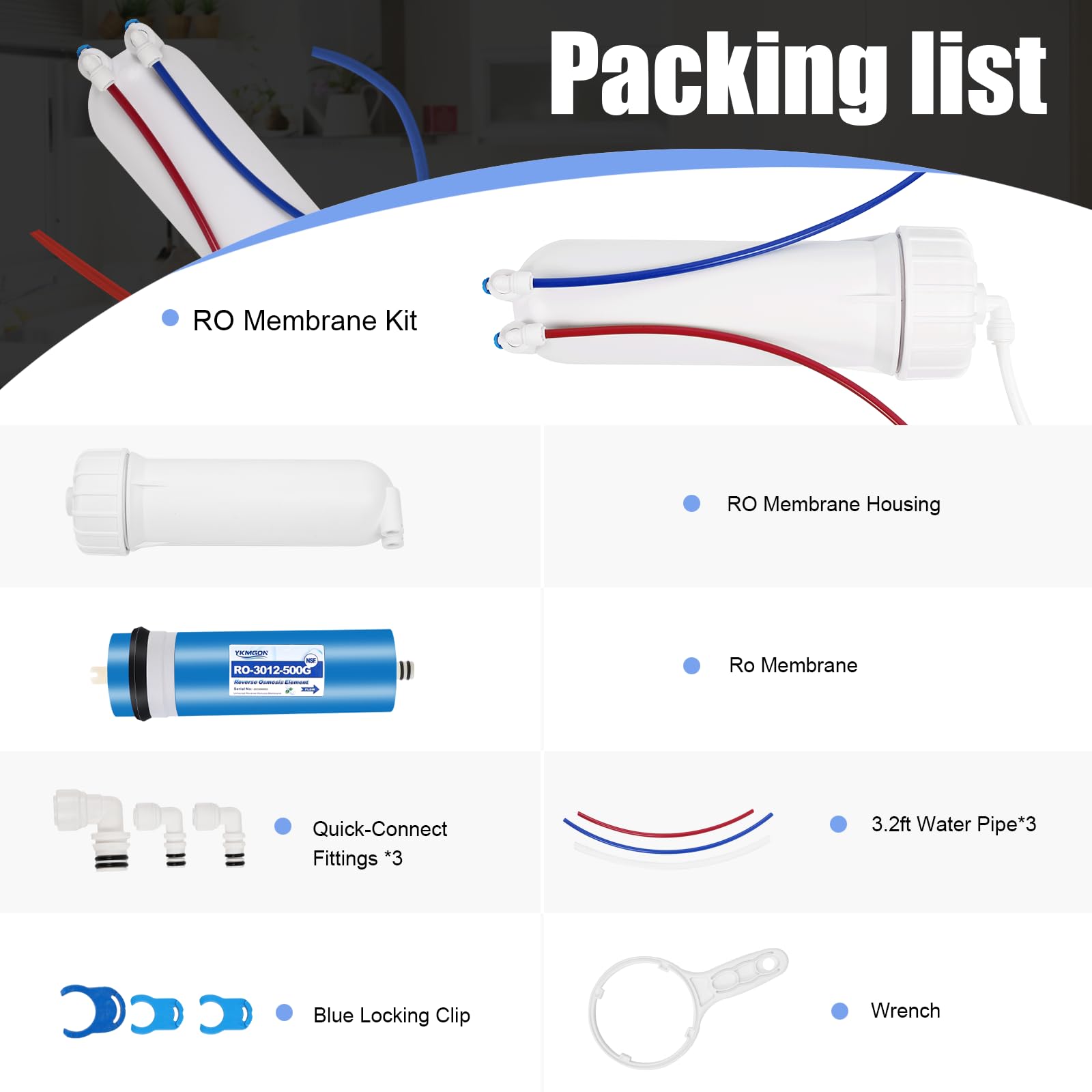 Kit de membrana de ósmosis inversa de 500 GPD con carcasa de membrana RO, llave, accesorios de conexión rápida, válvula de retención y reemplazo de tubería de agua para sistema de filtro de