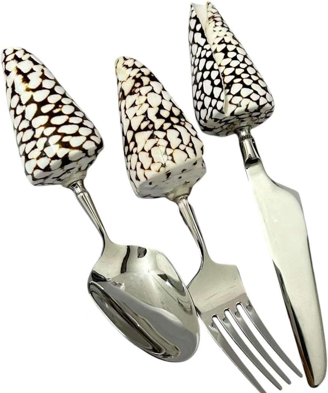 Seashell Handle Flatware Set, Stainless Steel, Fork, Spoon and Knife, Nautical Beach Theme (A)