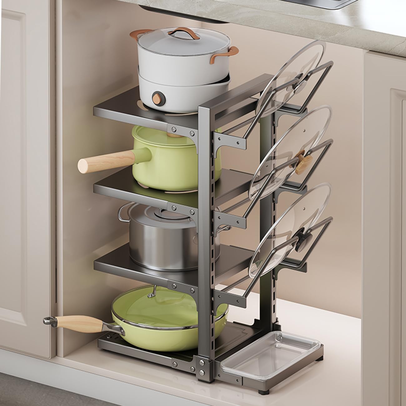 Organizador De Ollas Y Sartenes, Rejilla para Sartenes De Alta Resistencia con 3 Soporte Tapa Olla, para Ordenar Cazuelas Platos Tapas Y Menaje De Cocina,Gris