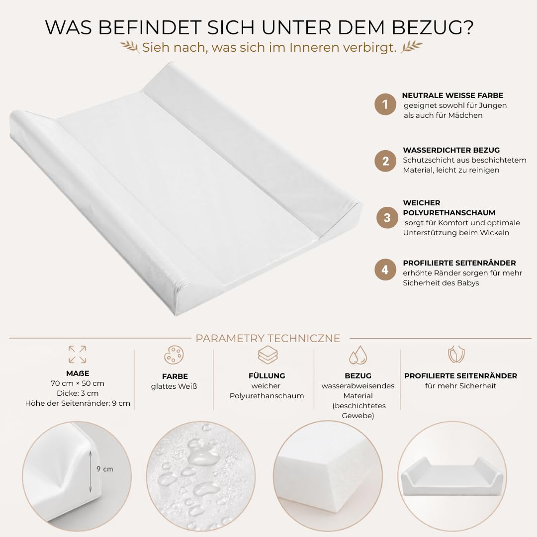 Mata do przewijania dla niemowląt 50 x 70 cm – zestaw 3 w 1 ze zdejmowaną poszewką z muślinu (beżowa) podkładka do przewijania, zmywalna, z obramowaniem + wodoszczelna nakładka na stół do