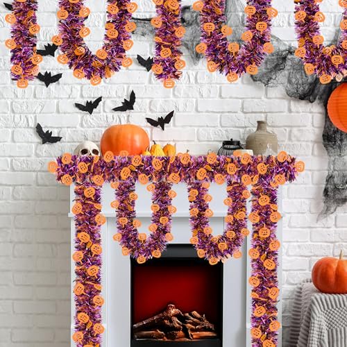 Image of 50 FT Halloween Tinsel Garland, Glitter Tinsel Garlands with Purple Orange Pumpkin, Metallic Holiday Hanging Streamers for Halloween Party Supplies Indoor Outdoor Decoration