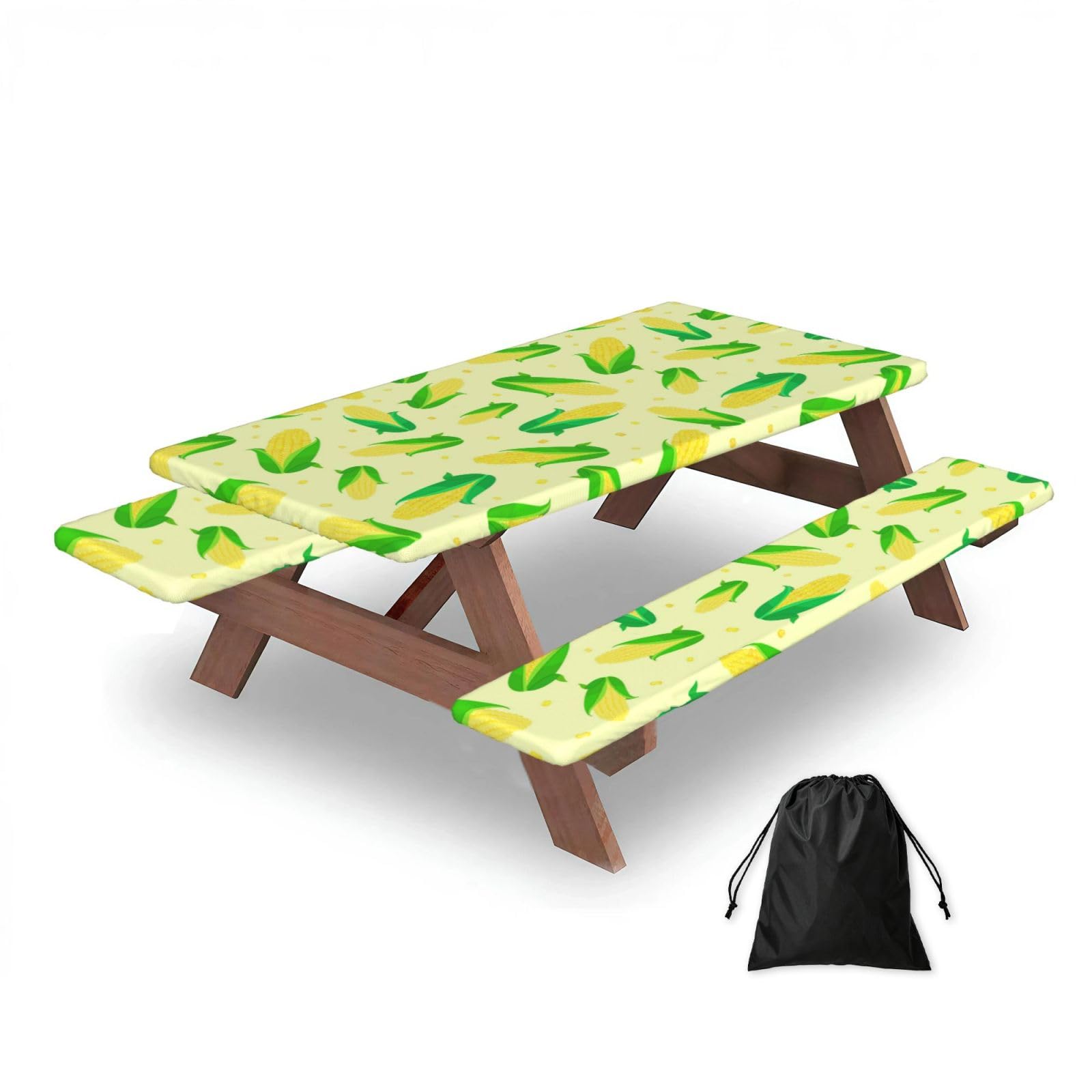 Dopklna As Picture Green Delicious Corn, Picnic Table Cover With Bench Covers -Waterproof Elastic Fitted Tablecloth For Garden Camping Patio 76X152cm