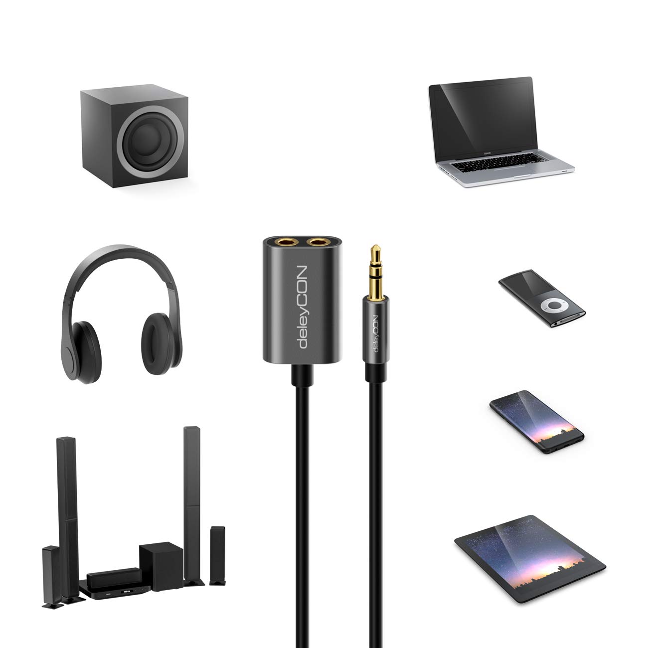 deleyCON 1x 3,5mm jack splitter audio stereo AUX adapter kabel kabel jack kabel audio metalowa wtyczka telefon komórkowy smartfon tablet słuchawki odbiornik HiFi