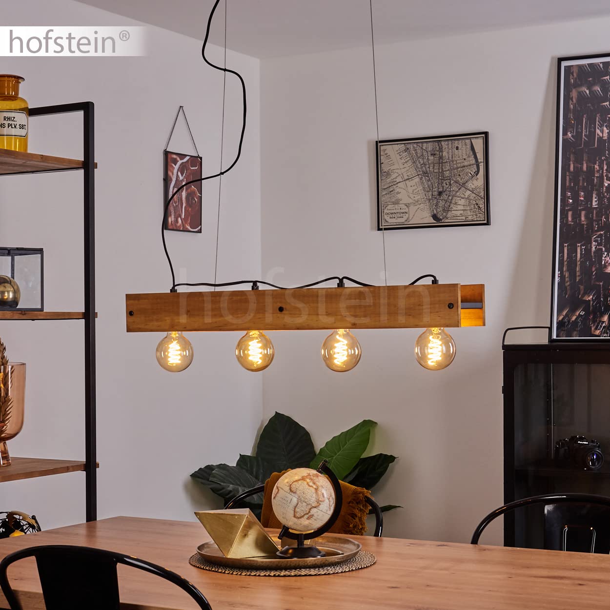 Lampada a sospensione Maahui, lampada in metallo/legno in nero/marrone dal design vintage, con paralume in look reticolo e travi in legno, altezza massima 148 cm, 4 luci, 4 x E27, senza lampadina/e