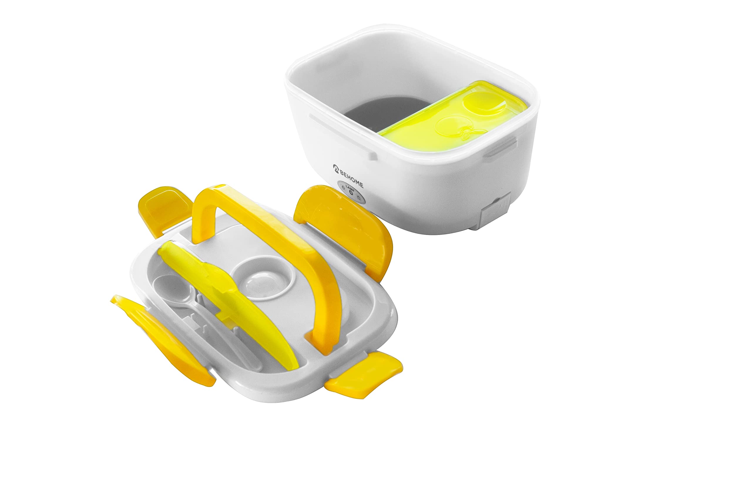 BEHOME Scaldavivande Elettrico Portatile con 2 Contenitori Removibili 1,5 Litri Lunch Box con vano portaposate e Cucchiaio (Giallo)