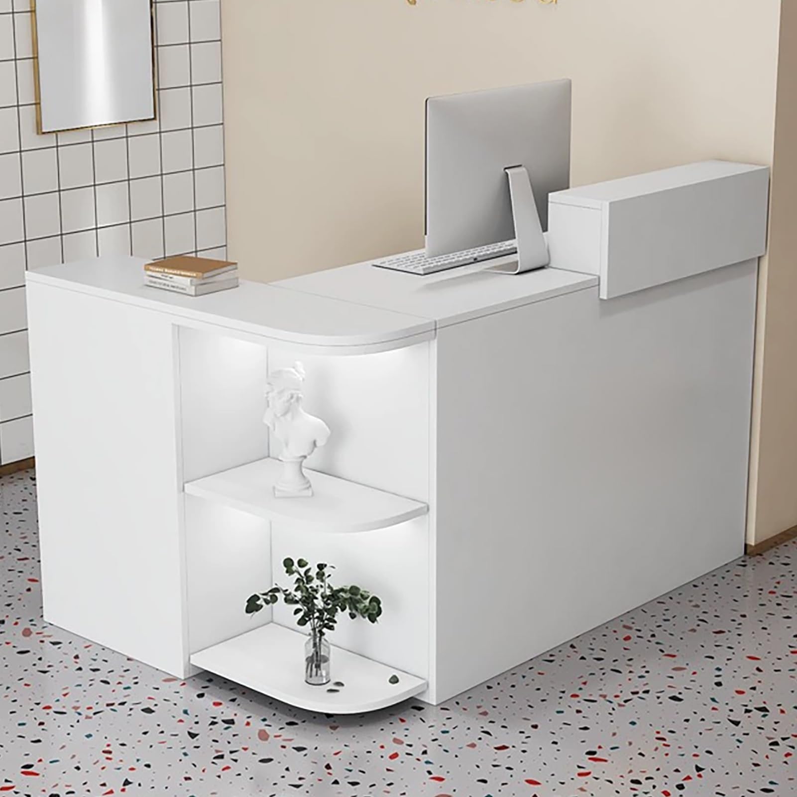 Generico Recepcja licznika, licznik detaliczny, skrzynia, kasjer, biuro, szafka, stół z szufladami, kabel, nowoczesna recepcja w kształcie litery L z dużą przestrzenią do przechowywania - t