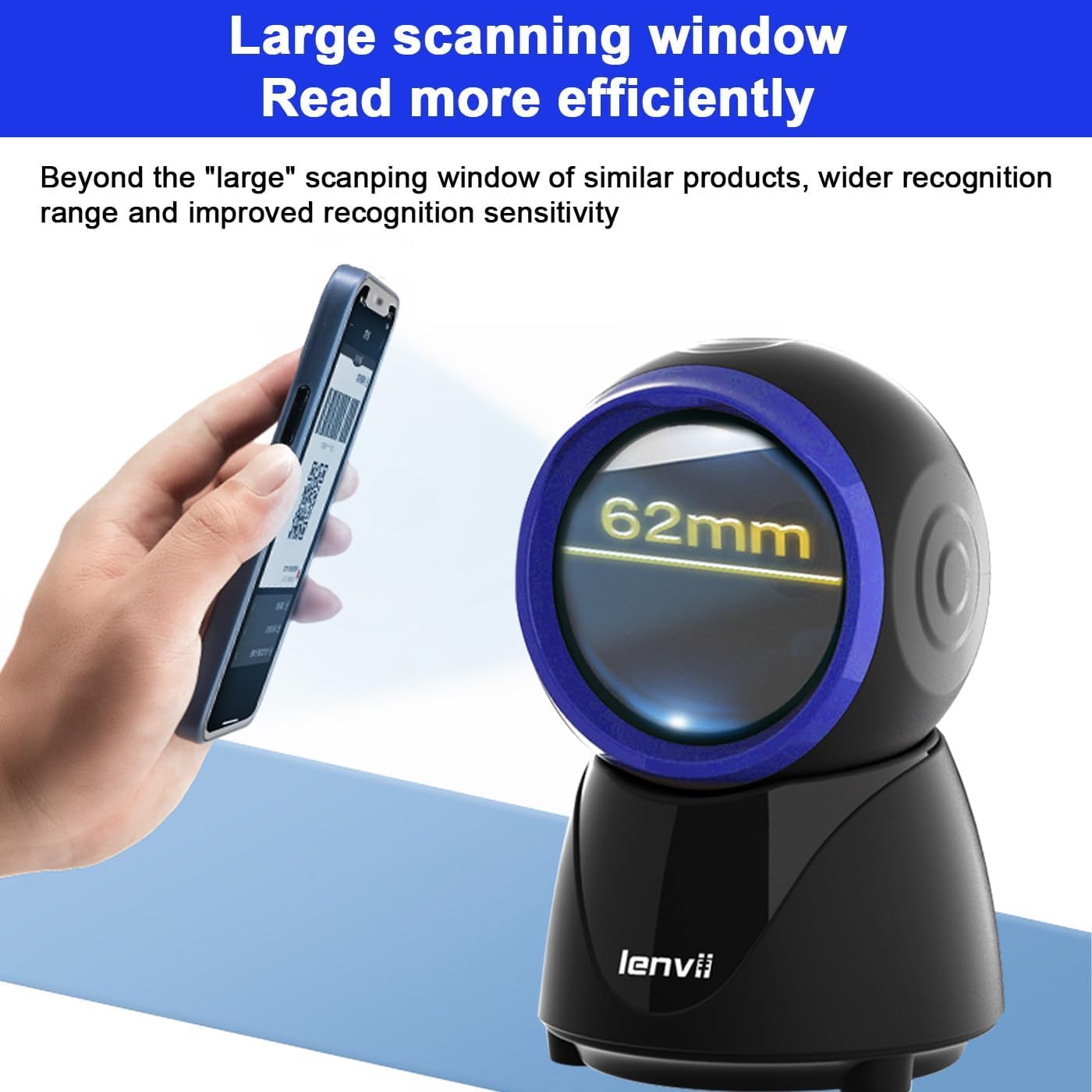 LENVII D8800 scanning a barcode from a mobile phone screen, highlighting its large 62mm scanning window