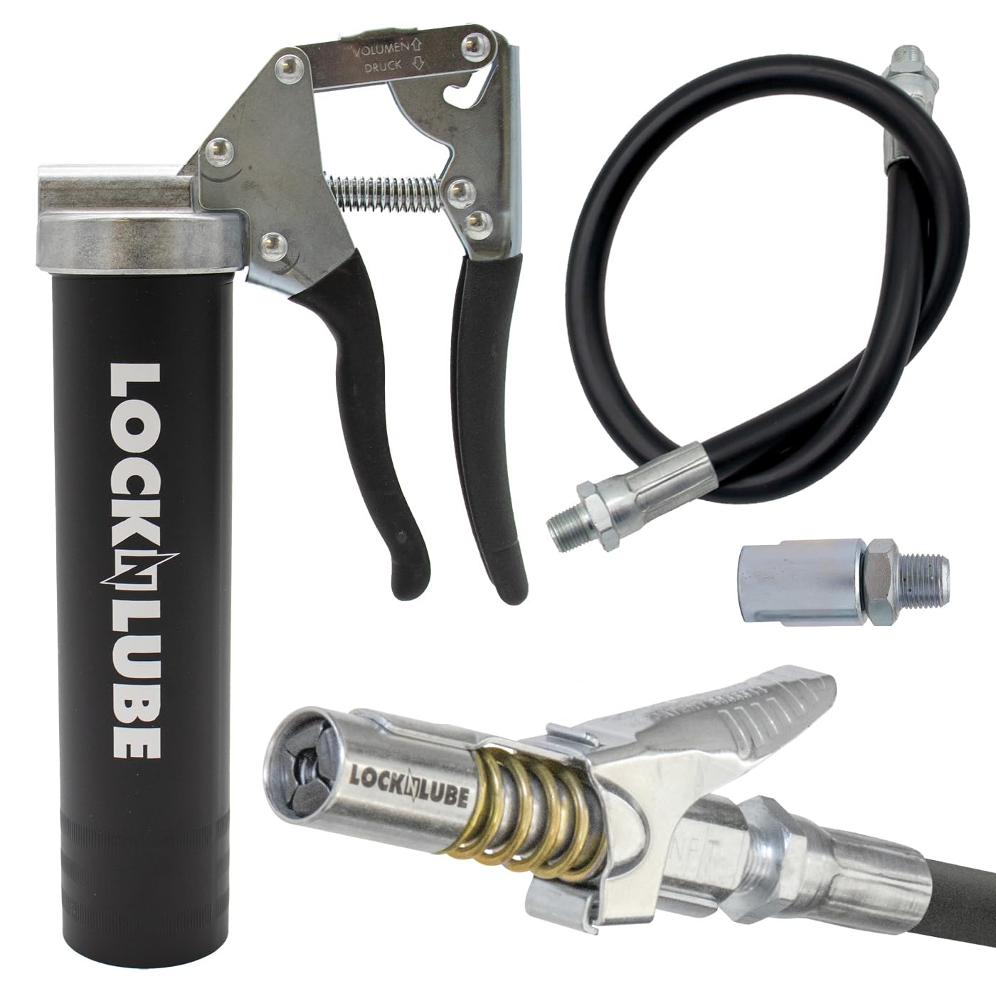 Easy-Prime Pistol-Grip Grease Gun. Includes Our Patented Grease Coupler (Locks on, Stays on, Won't Leak!) Plus a 20" Hose and in-line Hose Swivel.