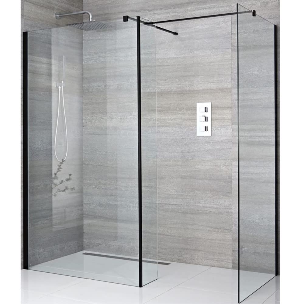 Milano Black Nero Corner Shower Enclosure 900Mm 760Mm Screens Return 1200Mm Linear Drain