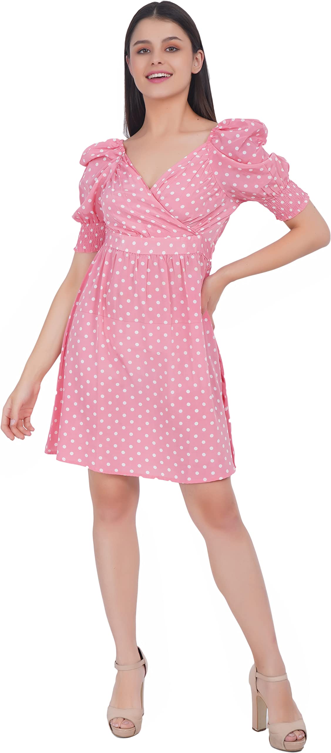 Art of ClothingWomen Peach Polka Dot Crystal Shantoon Fit & Flare Dress