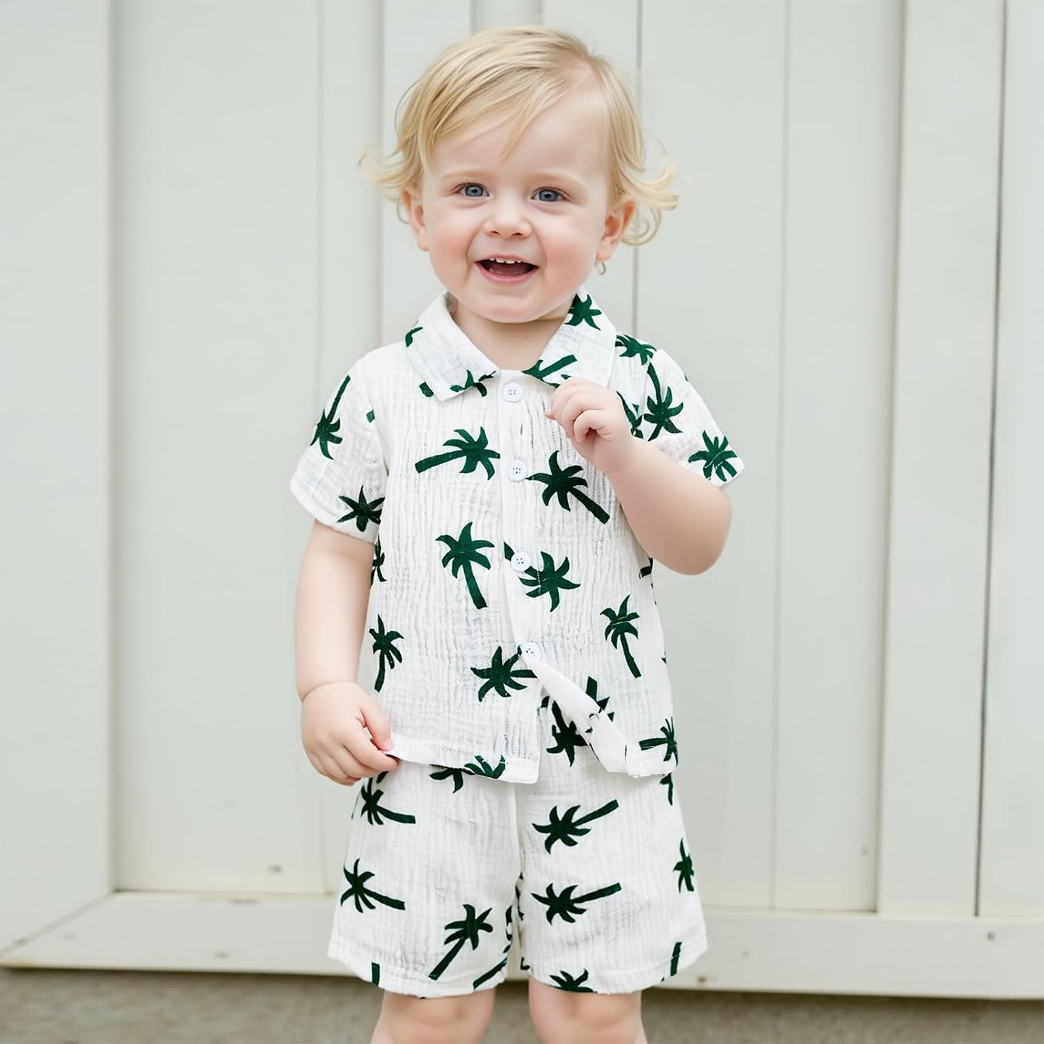 Toddler Baby Boy Summer Outfits Palm Tree Print Button Up T-Shirt and Elastic Shorts Set Cute Infant Clothes