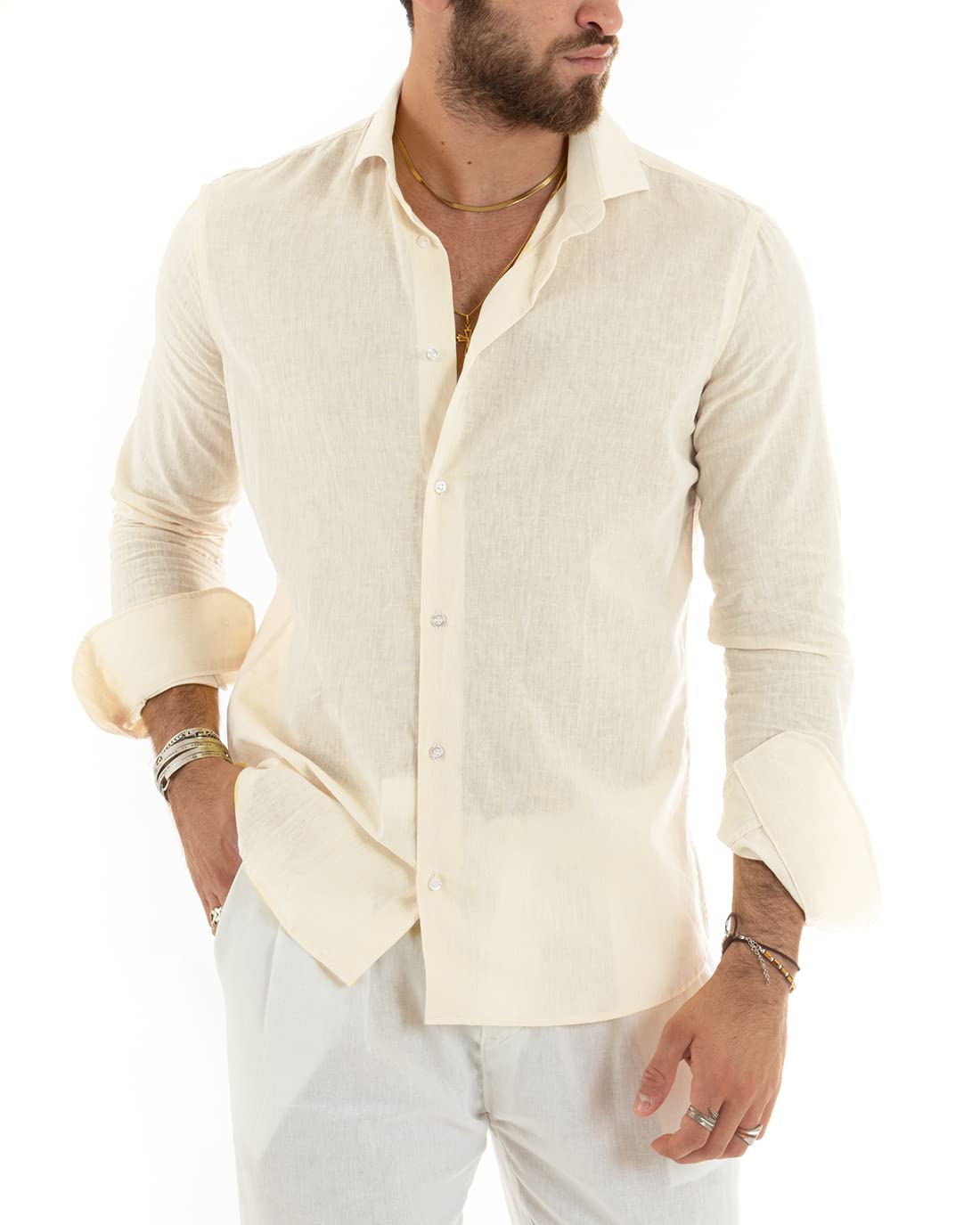 Giosal Camicia Uomo Colletto Melangiata Lino Sartoriale Made in Italy
