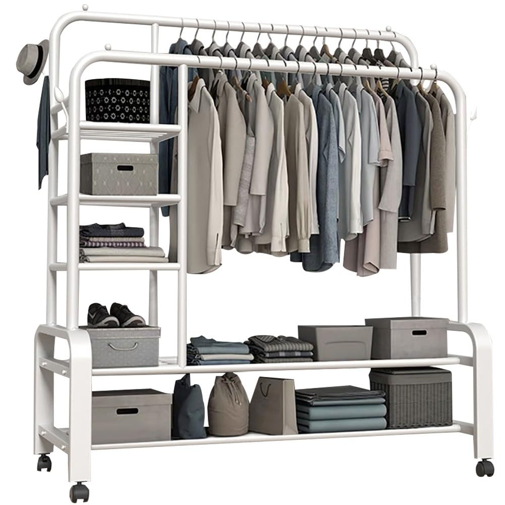 DODOBD Clothes Rail, Heavy duty clothes rail, with Shoe Stand, with Coat Hooks, Clothes Rail For Bedroom, Maximum Load 100kg, for Living Room, Hallway, Bedroom : 120CM/140CM*50CM*135CM