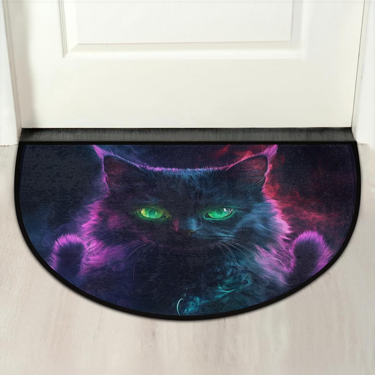Half Round Doormat Non-Slip Washable Cool Black Animal Cat Semi Circle Rug Soft Absorbent Half Moon Mat for Indoor Outdoor Entrance Kitchen Bathroom Sink Patio Welcome Fireplace Floor Rug