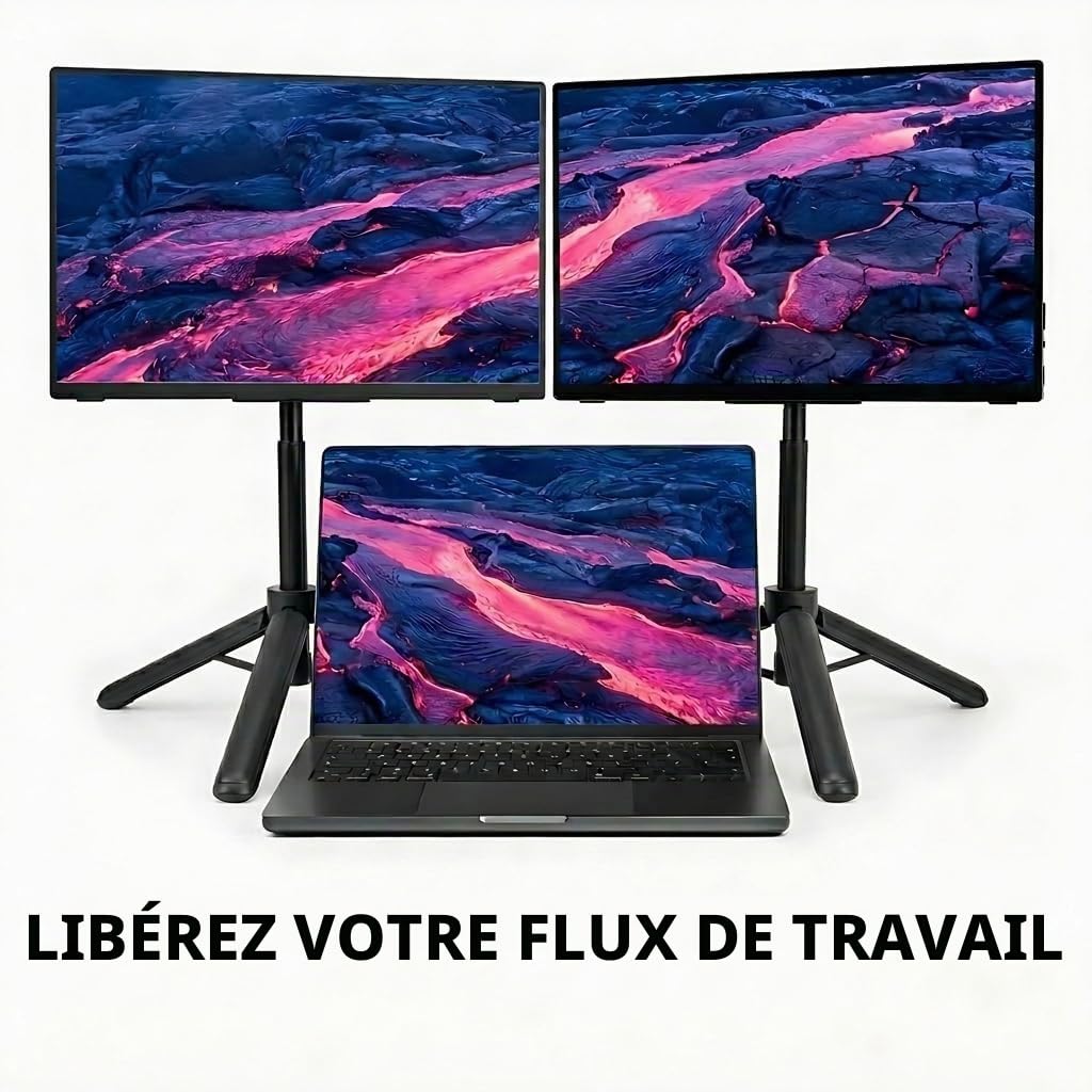 Support portable pour moniteur de voyage, réglable en hauteur, support magnétique empilé pour moniteur portable de 15,6 pouces, trépied métallique pliable compatible avec les moniteurs et