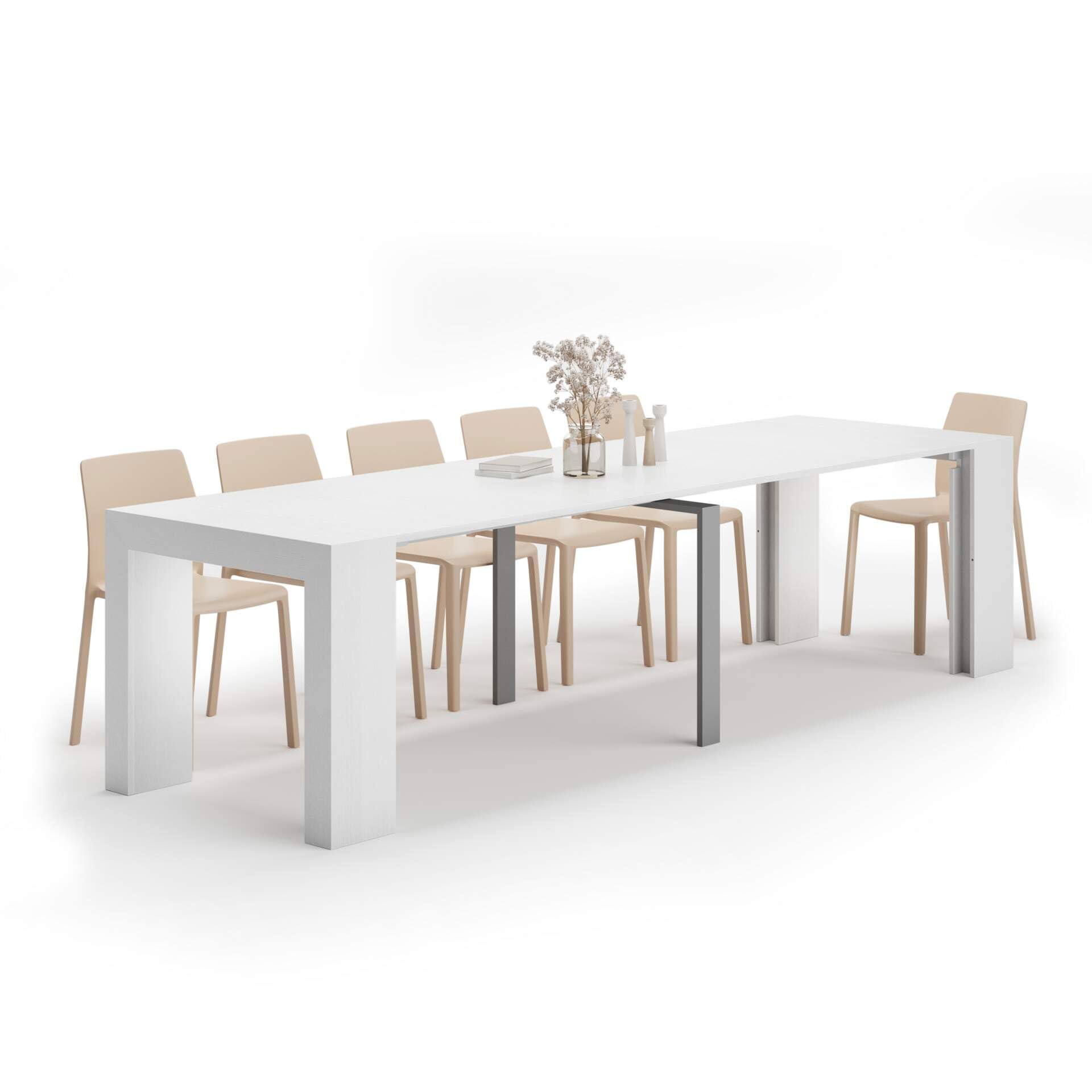 Mobili Fiver, Tavolo Consolle Allungabile Angelica, 45(305) x90 cm, Bianco Frassino, fino a 12 posti, Consolle da Soggiorno, Made in Italy