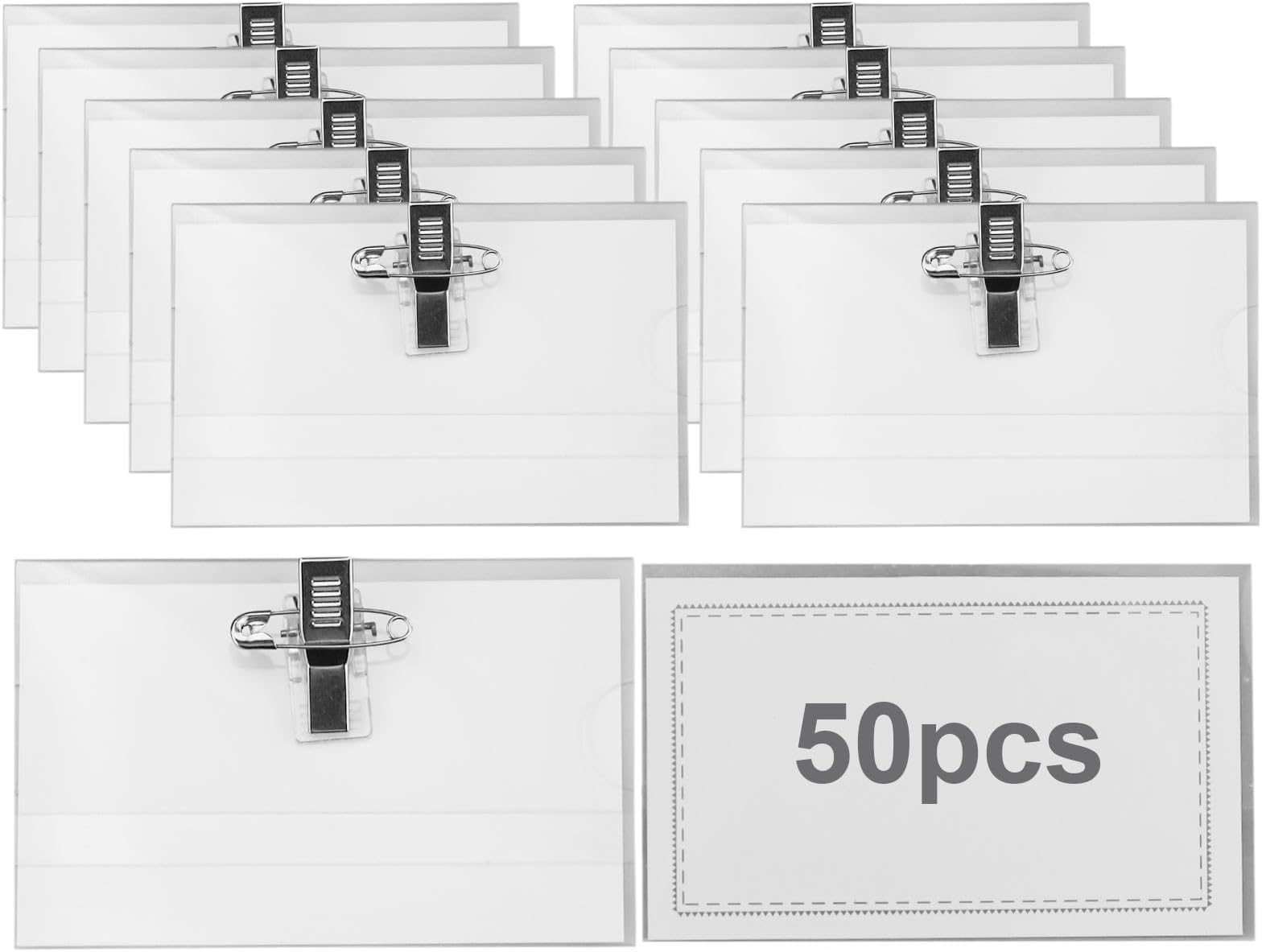 50 Pcs Name Badges for Work with Crocodile Clip and Secure Pin, 9x5.6cm Professional Name Tag Clothes Name Labels Badge Holder Conference Staff Badge Horizontal ID Holders for Office School