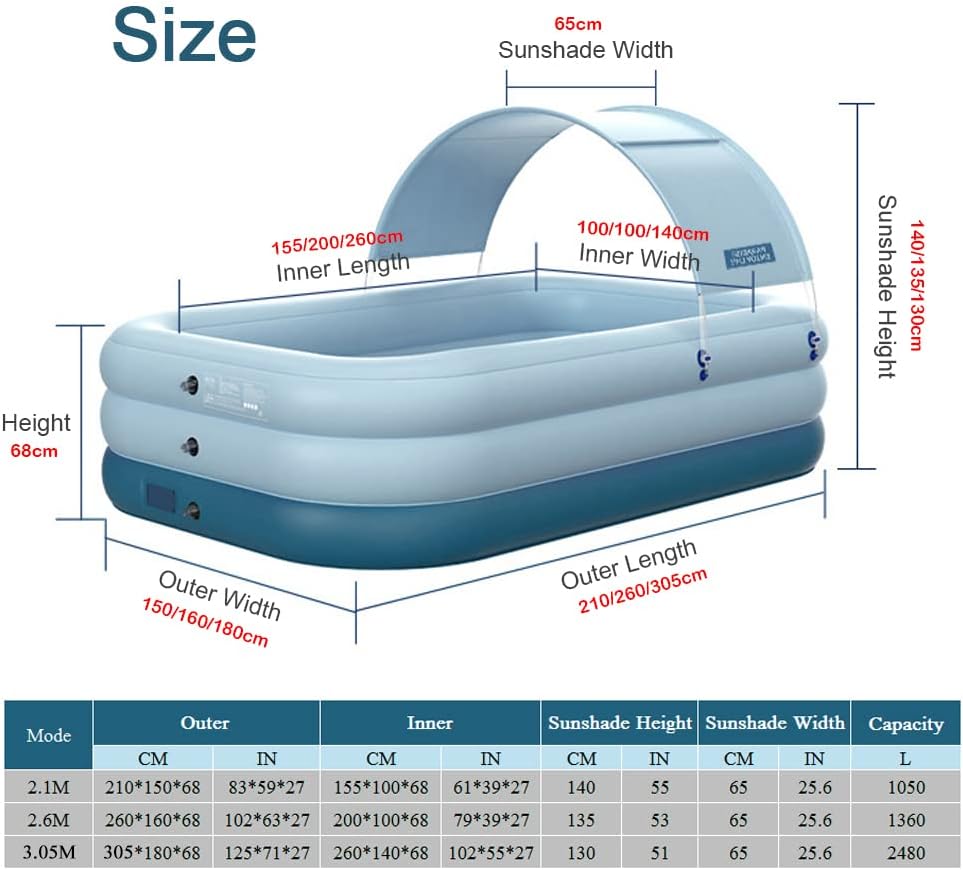 Generic Inflatable Pool with Canopy, Sun PVC Float with One Button Inflation 2.6M Large Space for Swimming (2.1M)