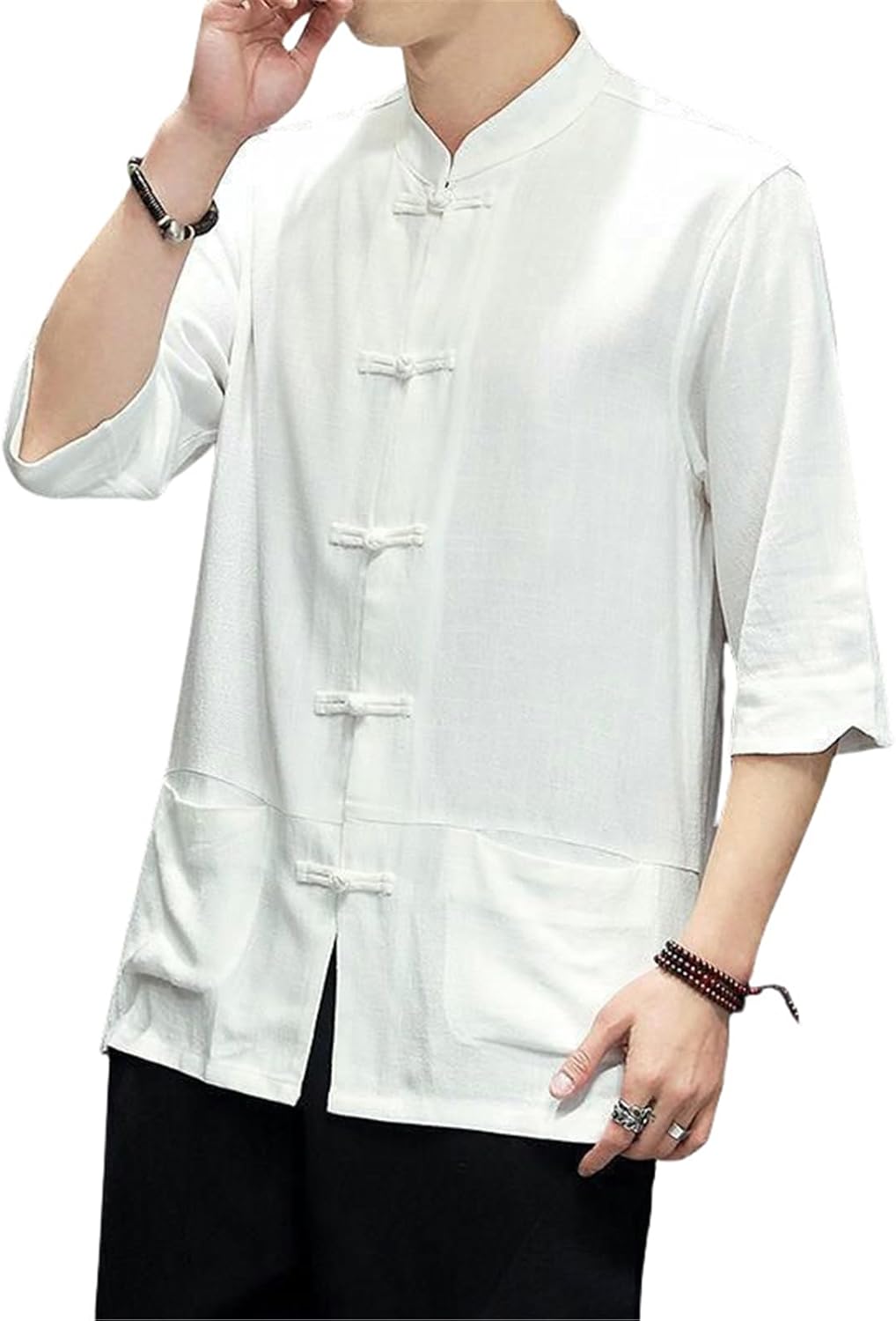 Men's Chinese Style Hanfu Tang Suit Retro Linen Stand Collar Frog Button 3/4 Sleeve Shirt