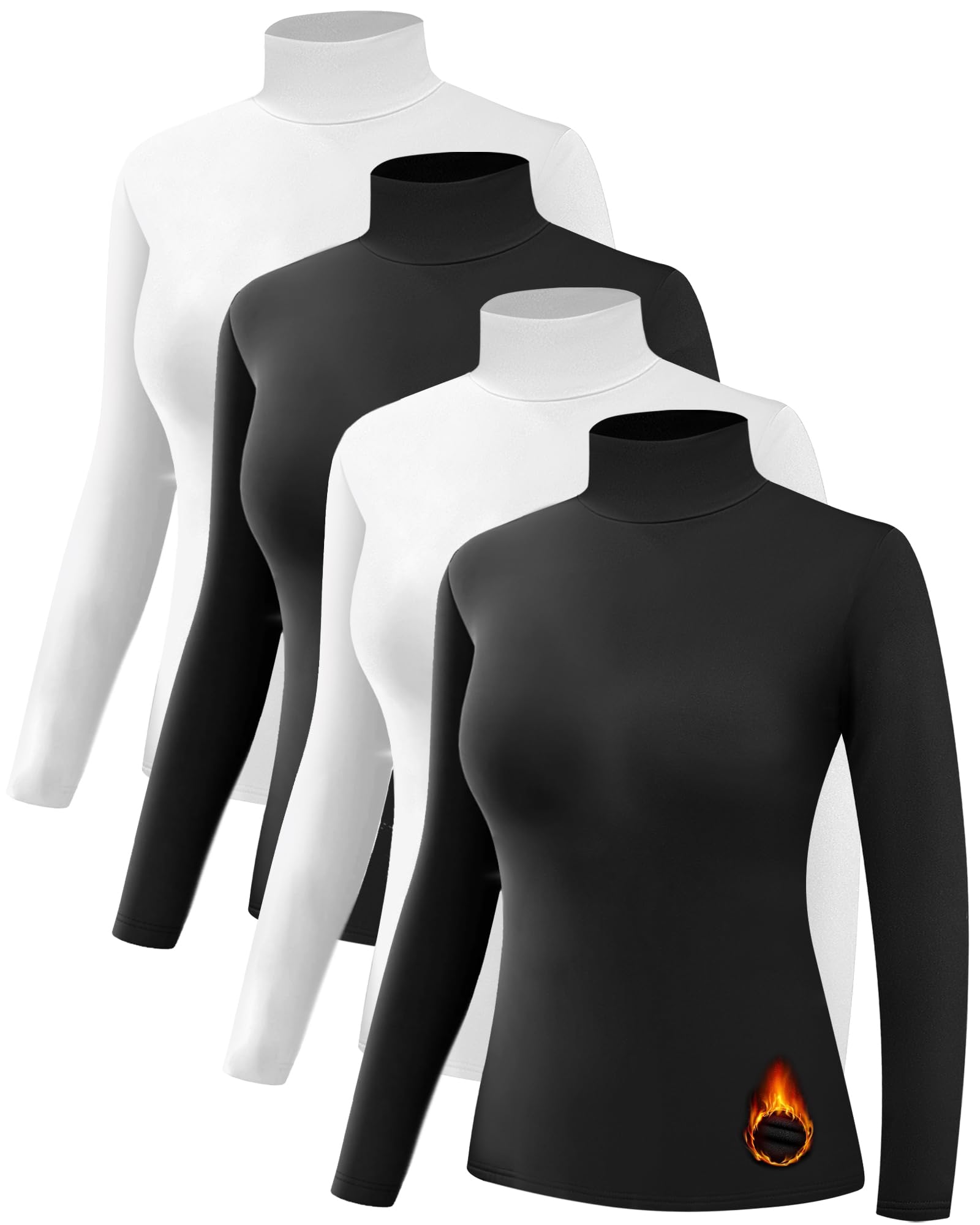 4 Pack Women’s Thermal Turtleneck Shirts, Women Turtle Neck Fleece Lined Compression Long Sleeve Base Layer Tops
