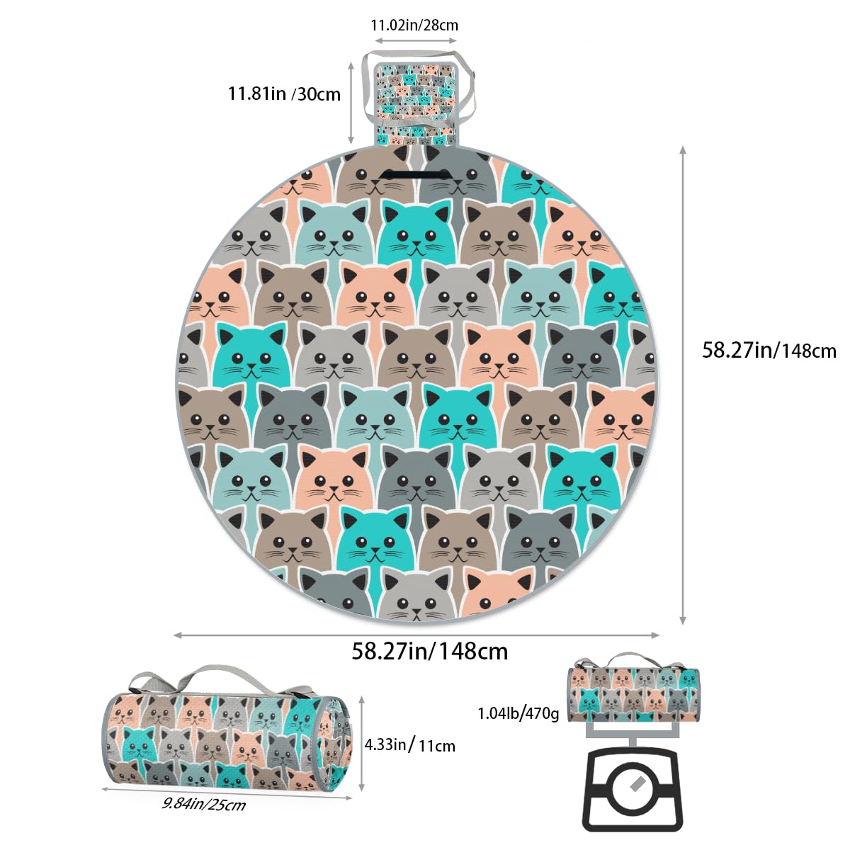 Shimoshe Cute Cat Print Picnic Outdoor Blanket Foldable Waterproof Sandproof Beach Blanket Portable Water-Resistant Round Picnic Mat for Travel Camping Park Lawn