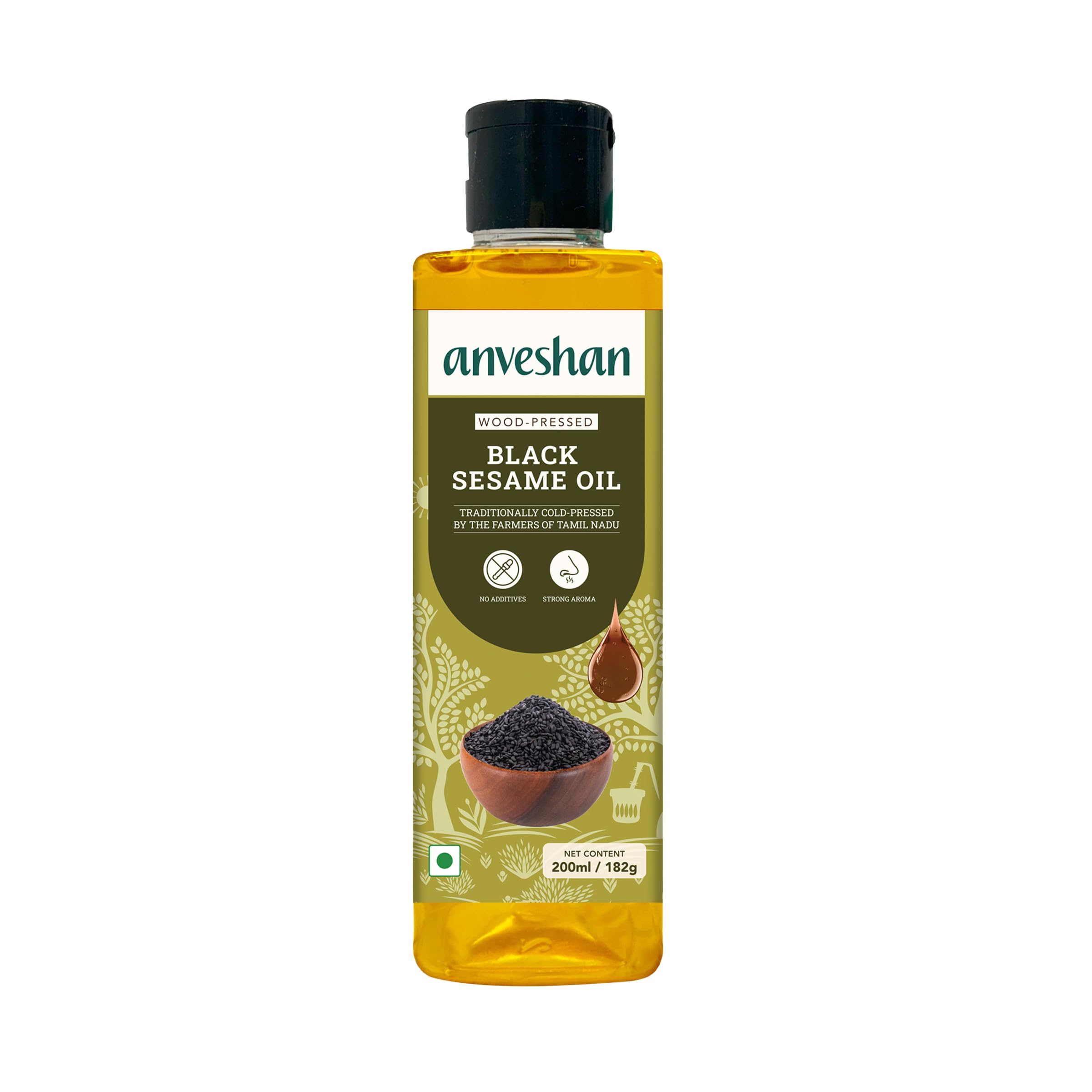 Anveshan Wood Pressed Black Sesame Gingelly Oil - 200ml | Plastic Bottle Kolhu/Kacchi Ghani/Chekku | Gingelly Oil | Natural | Chemical-Free | Cold Pressed Sesame Oil for Cooking.