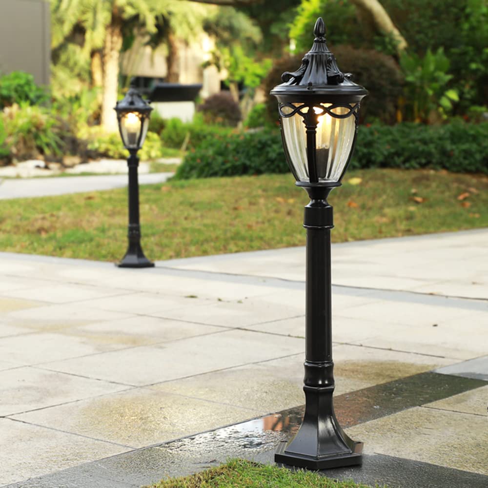Lámpara de pie de estilo antiguo, E27 Lámpara exterior jardín, Lámpara de césped retro aluminio fundido con pantalla cristal, Farol rústico impermeable IP23 para patio entrada terraza (C)