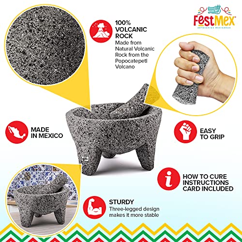 Genuine Handmade Mexican Mortar And Pestle, Molcajete De Piedra Natural Volcanica Stone, Heavy & Durable, Perfect For Homemade Salsas, Guacamole, And Other Molcajete Plates | Made In Mexico (8 Inches) #TOP2