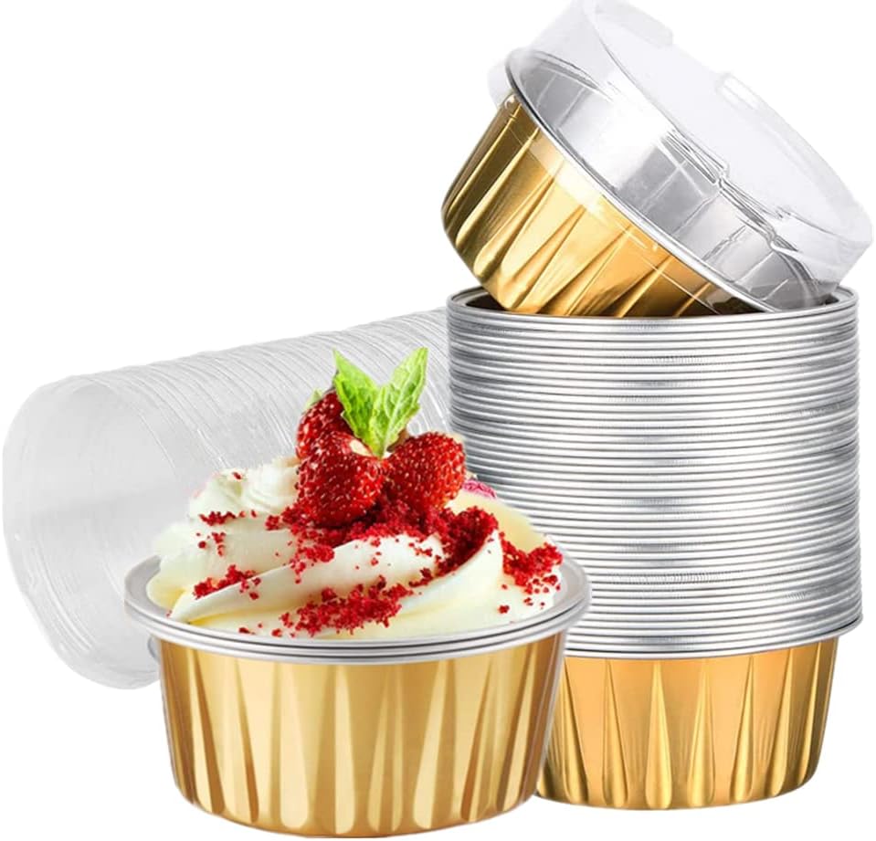 CURTEK 100 Pack Aluminum Foil Baking Cups with Lids 5 oz Dessert Cups Muffin Tins Disposable Mini Cake Pans Cupcake Cups Muffin Tins Liners for Wedding Birthday Individual Dessert Containers (Gold)