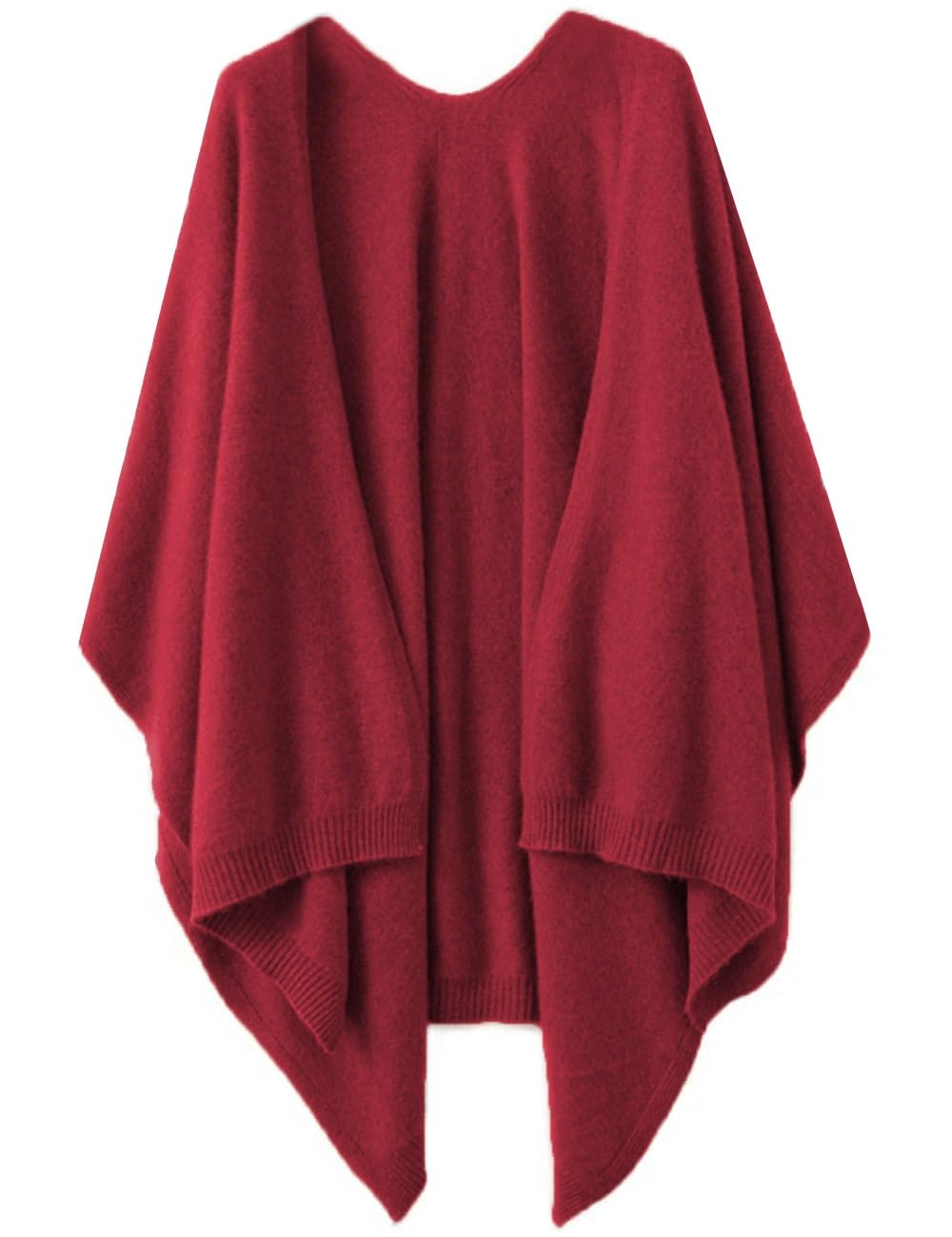 Women's Shawl Wrap Plus Size Cardigan 100% Merino Wool Poncho Cape Fall Winter Open Sweater Coat, Red, One size