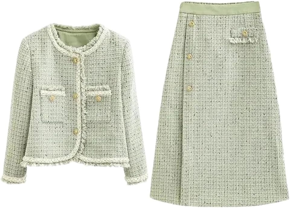 Women Tweed Two Piece Set Tassel Jacket High Waist Skirt Office Outfit