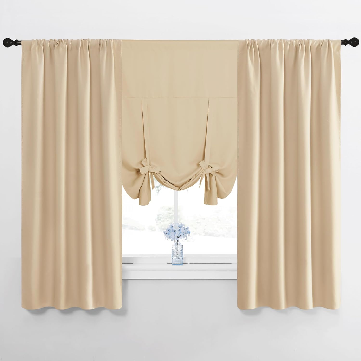 NICETOWN 1 Panel 46" x 63" Tie up Curtain with 2 Panles 52" x 63" Rod Pocket Blackout Curtains for Living Room Thermal Insulated Window Shade for Bedroom, Biscotti Beige