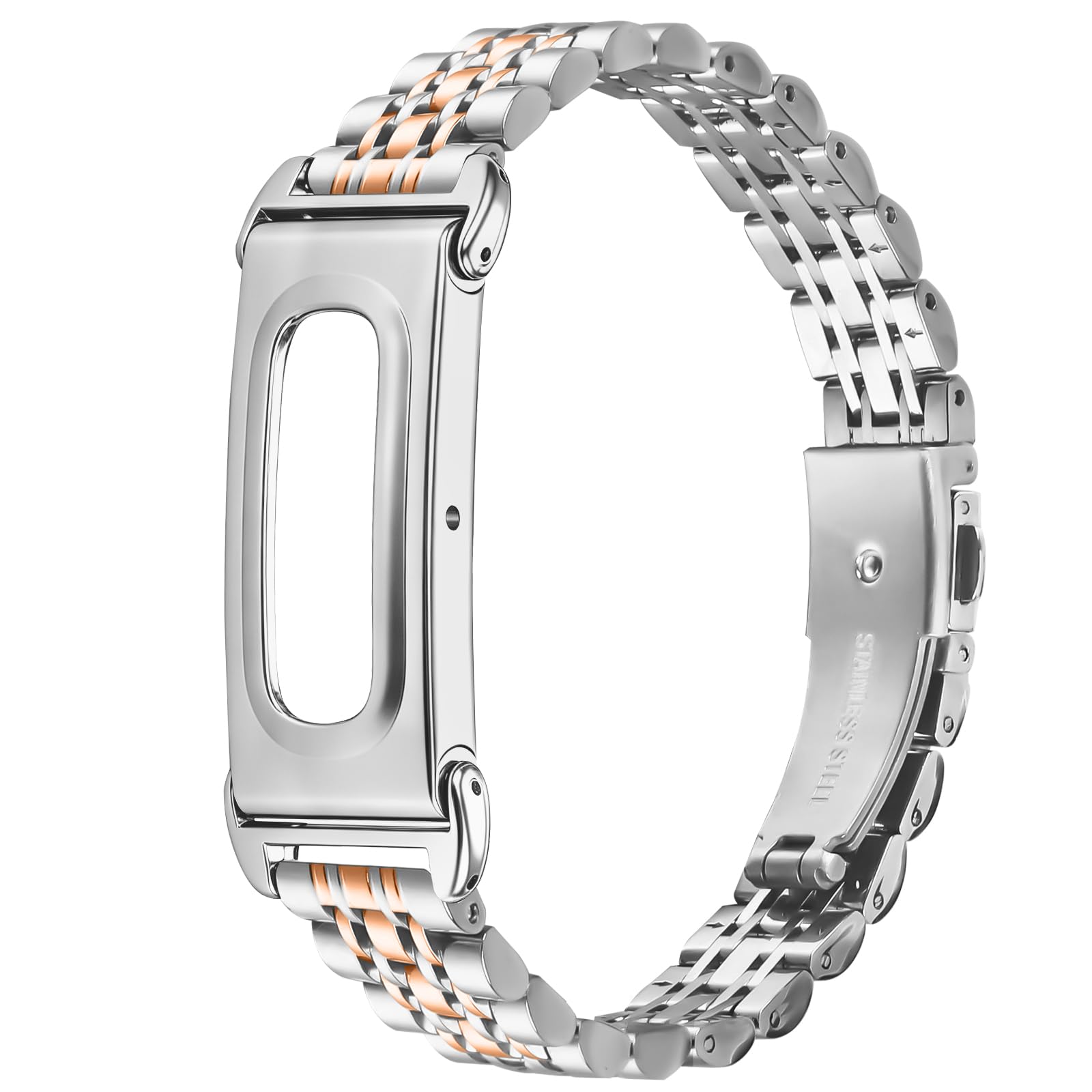 NovemFoal Replacement Metal Watch Band Compatible with Fitbit Air Straps, Stainless Steel Wrist Strap Business Bracelet, Silver-Rosegold