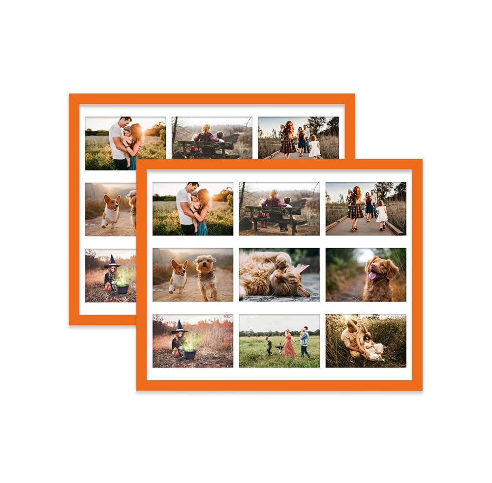Orange Multi Photo Frame - Holds 9 x 6x4 Pictures, Family Collage Picture Frame for Wall Display, 20x16 Frame size, Set of 2