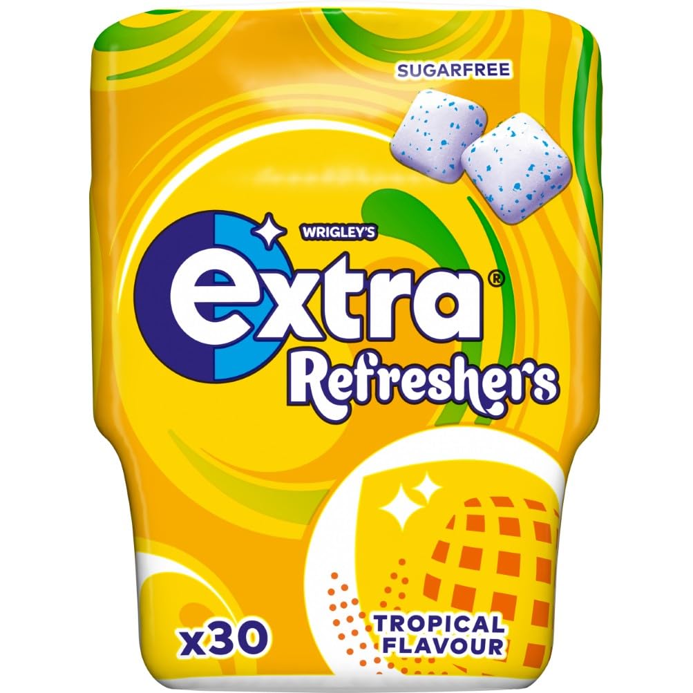 Wrigley's Extra Refreshers Sugarfree Chewing Gum, Tropical Flavour Bottle, 1 x 30 Pack