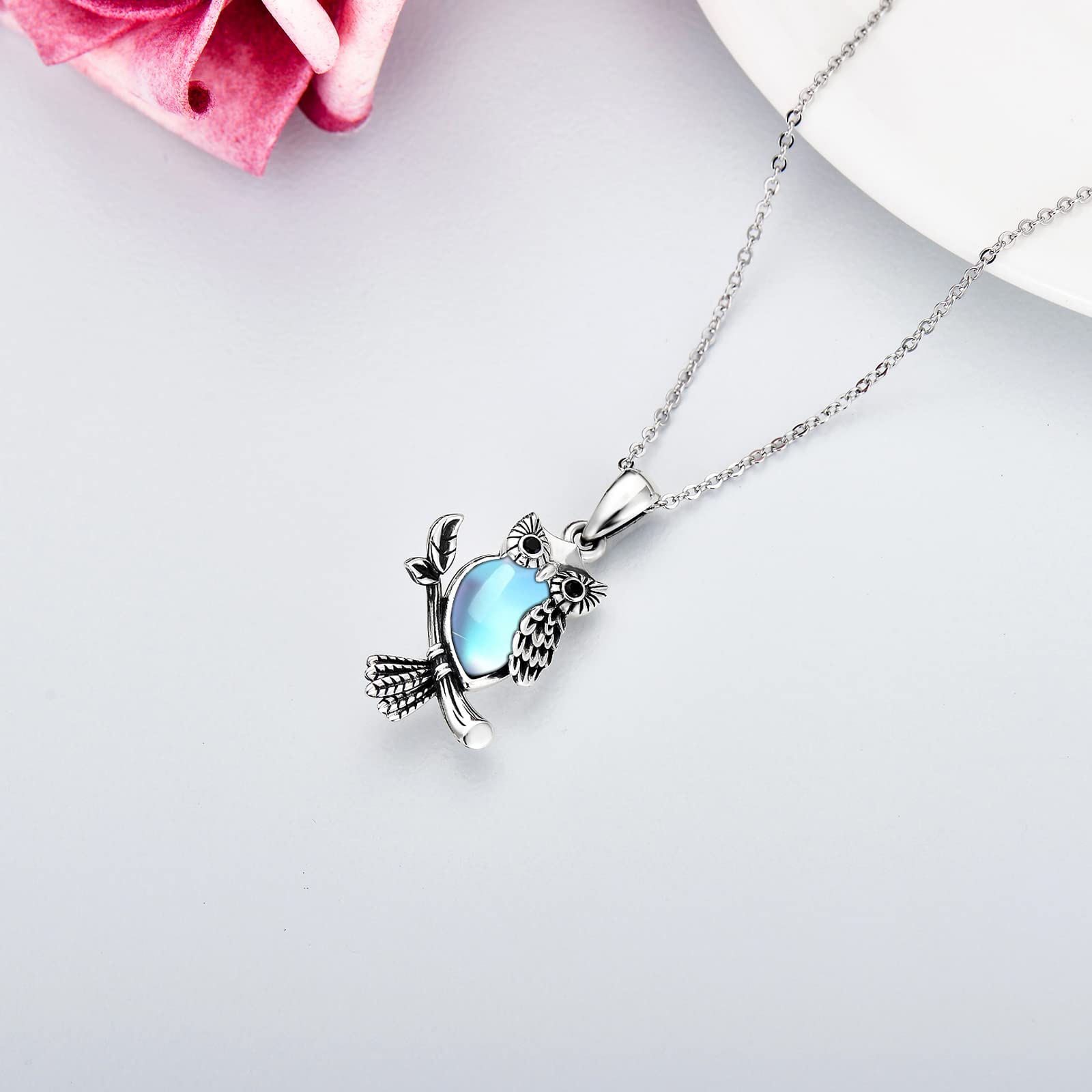 Halskette mit Eulen-Anhänger aus 925er-Sterlingsilber mit Kristallen Anhänger in Tierform Silberschmuck Geschenk für Frauen, 45,7 + 5,1 cm Kettenverlängerung