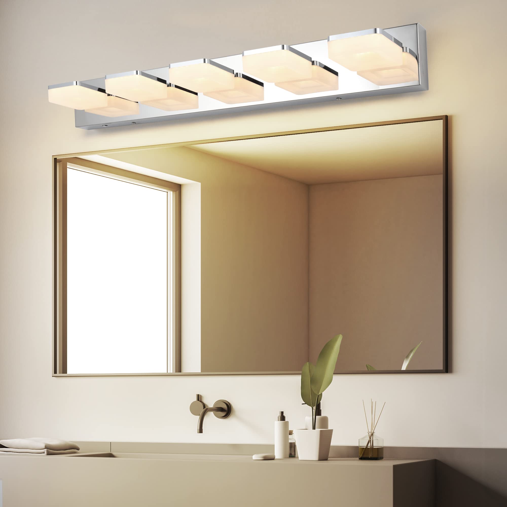 3 Farben dimmbare Badezimmerleuchten über Spiegel LED Chrom Make-up Leuchten Acryl Edelstahl 5 Licht Badezimmer Make-up-Leuchten, einstellbar 3.000 K/4.000 K/6.000 K, 360° drehen