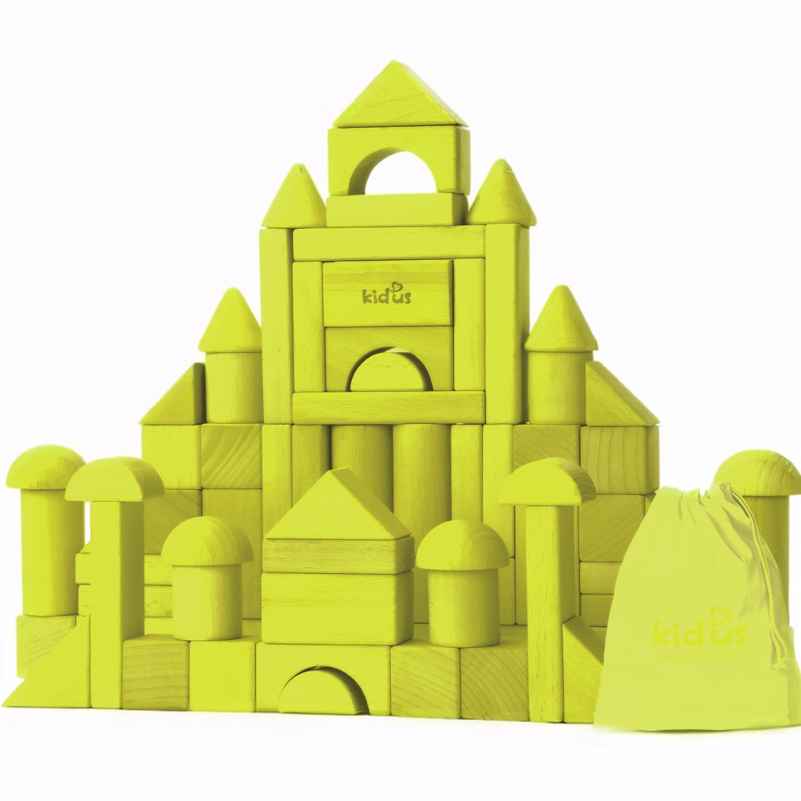 80pcs Wooden Building Blocks Set for Toddlers - Educational Preschool Learning Toys, Natural Blocks with Carrying Bag - Perfect for Kids Ages 18 Months up, Montessori Toys (Yellow)