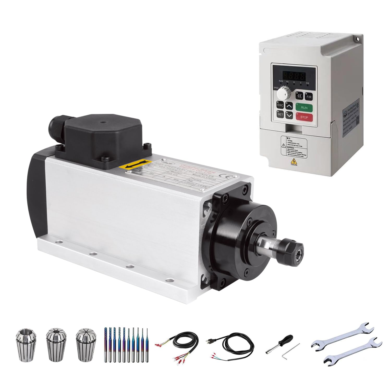 CNC-Spindelmotor-Set, 220 V, 1,5 kW, ER16, luftgekühlter Vierkant-Spindelmotor CNC-Spindelmotor + 220 V 1,5 kW VFD + Kragen-Set ER16 + Drähte + Drill Bits + Schlüssel für CNC-Routermaschine