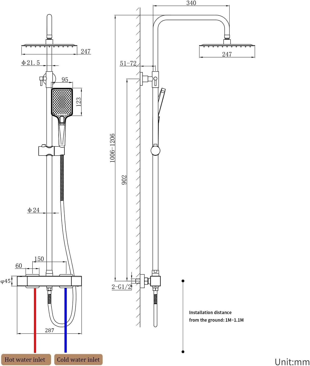 Columna Ducha Termostática, DETBOM Set de Ducha Cuadrado Acero Inox, Cabezal de Ducha de Lluvia, Barra Ducha de Altura Ajustable, Cromada