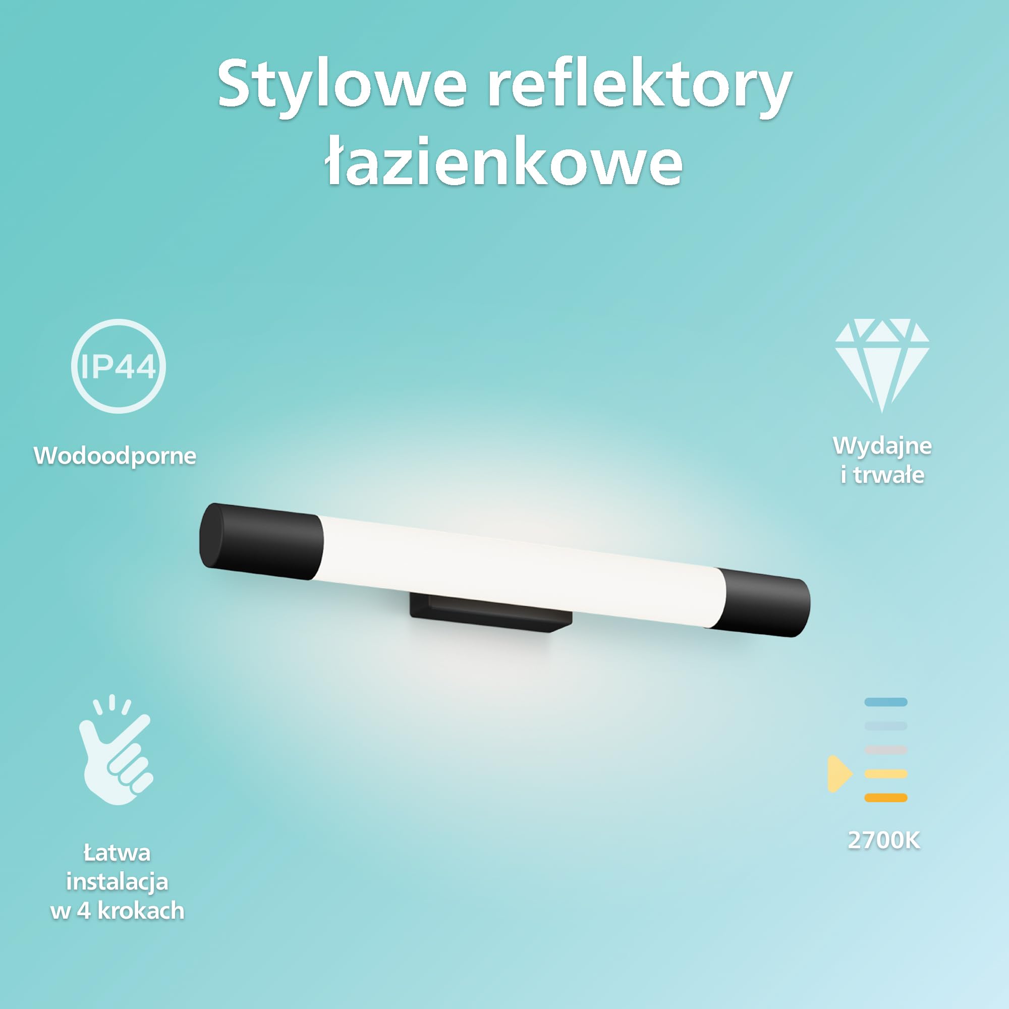 Philips LED Lampa Łazienkowa Rover, Okrągła 10 W, 1500 lm, 2700 K, IP44, Wodoodporna, Czarna