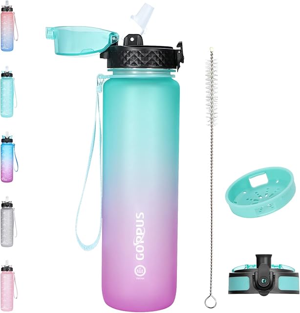 GOPPUS Sports Water Bottle 1L,Tritan Water Bottle With Straw, Motivational Time Markings,Fruit Filter,2 Different Lids(STRAW LID,CHUG LID), Leak Proof Water Bottle