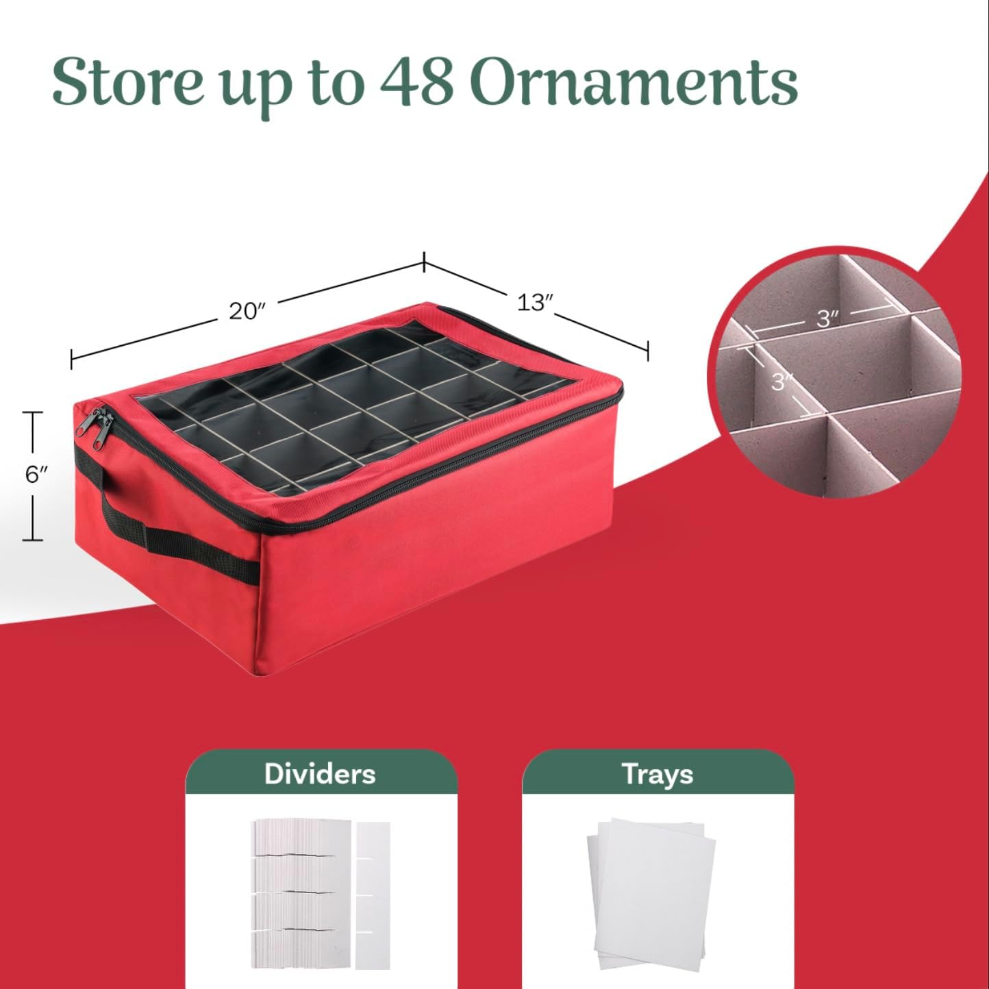 Ornament Storage Box - Zippered Lid Organizer with 48 Individual Compartments and Dividers for Christmas Bulbs and Decorations by Tiny Tim Totes (Red) Red with Black Trim