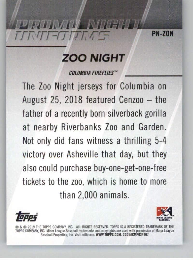2019 Topps Pro Debut Promo Night Uniforms #PN-ZON Columbia Fireflies MLB Baseball Trading Card