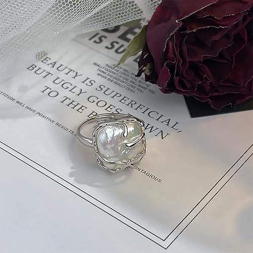 Vista 3 de HETICA Anillo de plata de ley 925 con perlas irregulares, anillo de plata de ley 925, anillo de declaración de moda adecuado para mujer, regalo