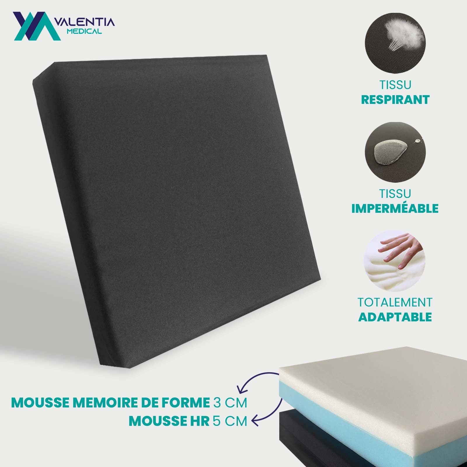 Coussin Anti Escarres Fessier Mousse HR 42x42x8 avec Memoire Forme - 100% Impermeable- Coussin Coccyx Coussin Fauteuil Roulant - Coussin Orthopédique Fessier - Double Housse Lavable