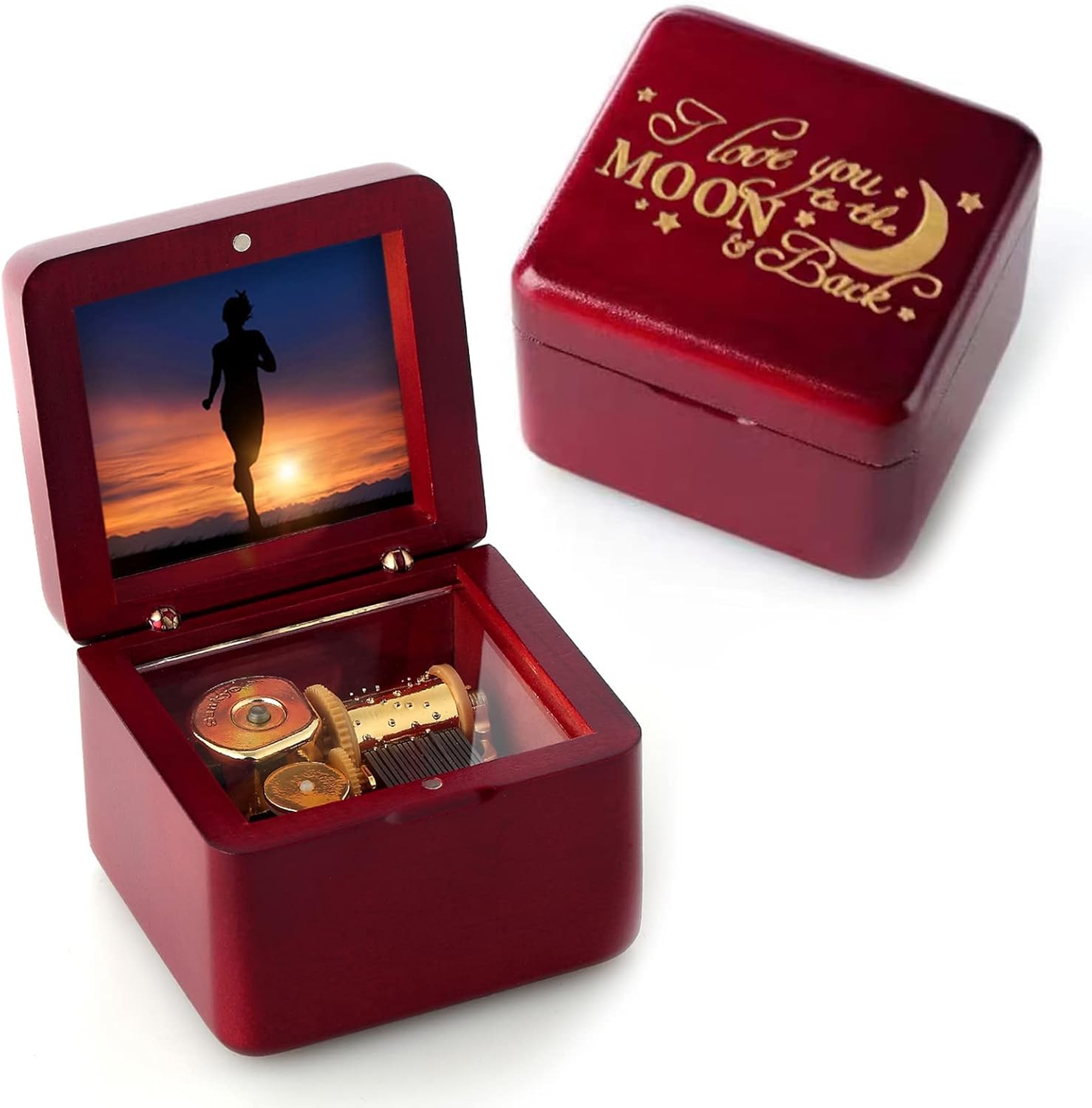 Natural Solid Wood Laser Engraved Vintage Clockwork Music Box Mini Photo Frame Musical Box Mother’s Day Children’s Day Valentine’s Day Christmas Birthday Gift（Melody：Fly me to The Moon-Type1